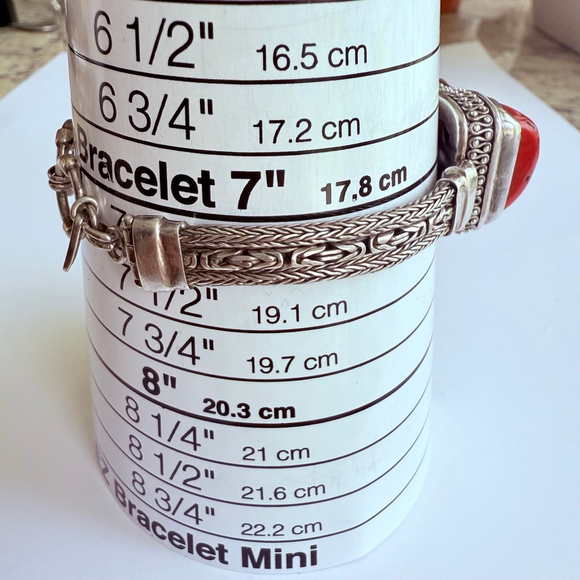 Sarda 30 CT Red Coral Bali 925 Sterling Silver 7.5mm Triple Chain Bracelet - Picture 10 of 12